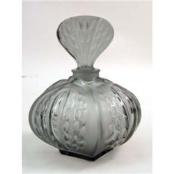 A LALIQUE, FRANCE LARGE SMOKE GRAY CRYSTAL "MIRABEL" FLACON WITH STOPPER