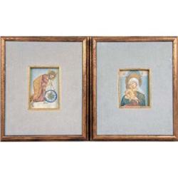 A PAIR OF FRAMED POLYCHROME AND GILT RUSSIAN ICON CARD PRINTS