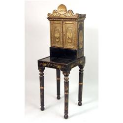 A CHINESE BLACK LACQUER AND PARCEL-GILT SEWING CHEST ON TABLE STAND