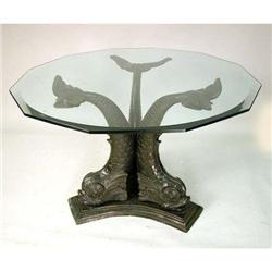 A REGENCY STYLE PATINATED BRONZE DOLPHIN BASE CENTER TABLE
