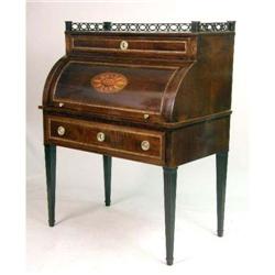 A GEORGE III-STYLE INLAID MAHOGANY CYLINDER FRONT WRITING DESK