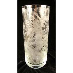 A COLORLESS ETCHED GLASS CYLINDRICAL VASE