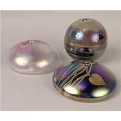 A GROUP OF THREE IRIDESCENT OIL LAMPS