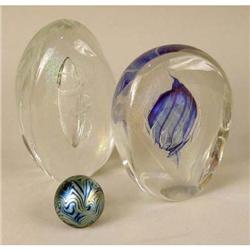 TWO COLORLESS AND IRIDESCENT GLASS TEARDROP-FORM PAPERWEIGHTS