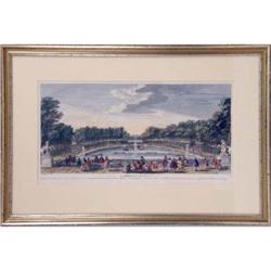 A FRAMED HAND TINTED ENGRAVING