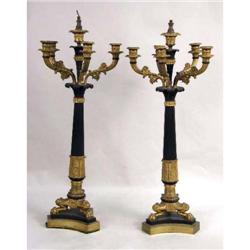 A PAIR OF GILT BRONZE AND EBONIZED CLASSICAL-THEMED CANDELABRA