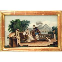 A FRAMED EGLOMISE COURTING SCENE