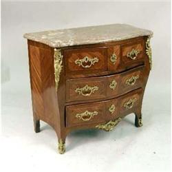 A LOUIS XV BOMBE FRONT MARBLE TOP SATINWOOD CHEST OF DRAWERS