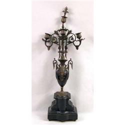 A PATINATED METAL AND HARDSTONE FOUR-ARM CANDELABRA