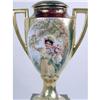Image 3 : A PAIR OF HAND-PAINTED POLYCHROME PARCEL-GILT DECORATED COVERED HANDLED PORCELAIN PEDESTAL URNS