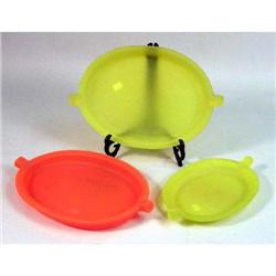 THREE COLORFUL PLASTIC SERVING TRAYS