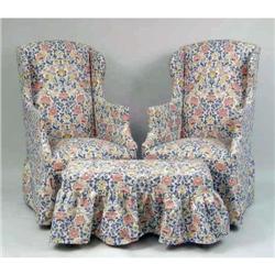 A PAIR OF MATCHING SIDE CHAIRS AND SLIPCOVERED BENCH