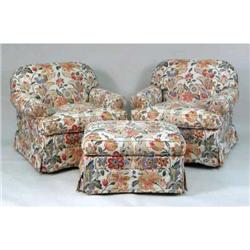 TWO OVERSTUFFED ARM CHAIRS AND MATCHING SINGLE OTTOMAN