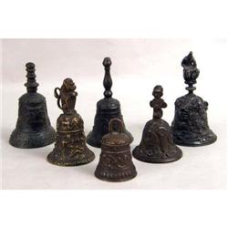 A GROUP OF SIX HIGHLY-ORNATE RENAISSANCE BRONZE BELLS
