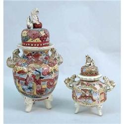 TWO POLYCHROME AND PARCEL-GILT DECORATED PORCELAIN COVERED JARS