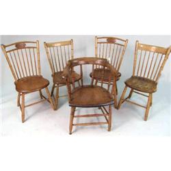 A GROUP OF FIVE AMERICAN COUNTRY SPINDLE BACK CHAIRS