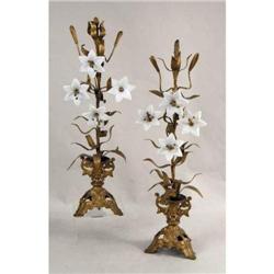 A PAIR OF GILT BRASS AND GLASS FLORA FORM GARNITURES