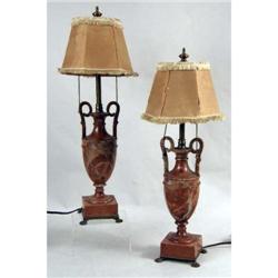 A PAIR OF VICTORIAN URN FORM STONE TABLE LAMPS