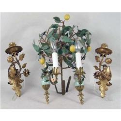 A PAIR OF GILT METAL, ENAMEL AND BONE CHINA FLORAL MOUNTED CANDLE LIGHTS