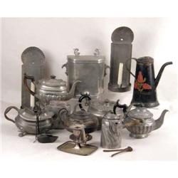 A GROUP OF ASSORTED PEWTER, TOLE AND IRON TABLE ARTICLES