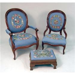 A PARLOR SET OF CARVED MAHOGANY NEEDLEWORK UPHOLSTERED MEDALLION BACK CHAIRS