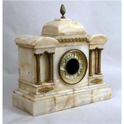 A CLASSICAL REVIVAL WHITE STONE MANTLE CLOCK