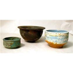 THREE GLAZED REDWARE BOWLS