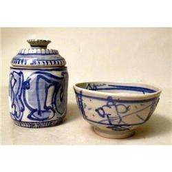 TWO BLUE AND WHITE GLAZED PIECES OF HOLLOWWARE