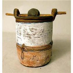 A RED, WHITE, AND BLUE-GLAZED REDWARE CANISTER WITH WOOD CROSS RAIL