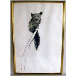 A BURNT UMBER PRINT OF A BIRD