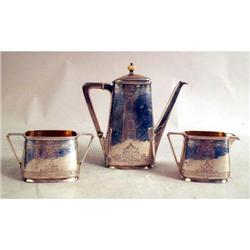 A WALTER LAWRENCE THREE-PIECE STERLING SILVER TEA SERVICE WITH MATCHING TRAY