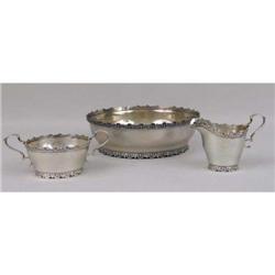A DOMINICK & HAFF STERLING SILVER CIRCULAR BOWL, OPEN SUGAR BOWL AND CREAM JUG