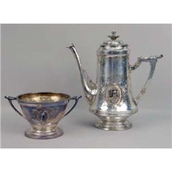 A WOOD & HUGHES 900 SILVER MEDALLION MOTIF COFFEE POT AND OPEN SUGAR BOWL