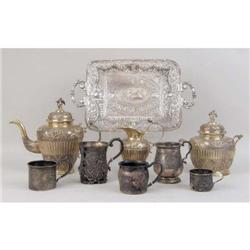 AN ENGLISH SILVER TEA POT AND COVERED SUGAR BOWL