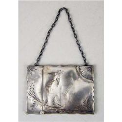 A WHITING STERLING SILVER HINGED LID CARD CASE ON CHAIN