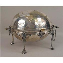 A MAPPIN & WEBB SILVER ON COPPER VERY ORNATE REVOLVING LID SERVER