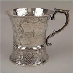 AN AMERICAN COIN SILVER FLARED FOOTED HANDLED BEAKER