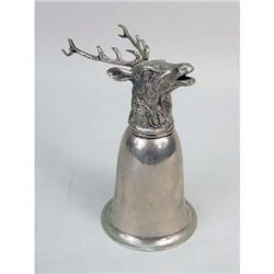 A SILVER PLATED STAG DECORATED STIRRUP CUP