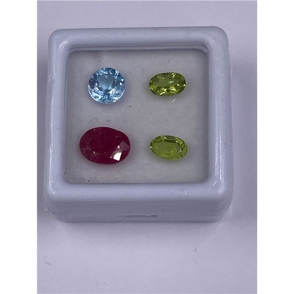 GEMSTONE MIX; RUBY 1.70CT, OVAL, VS, POSSIBLE GF, TOPAZ 1.00CT, ROUND, VVS, BRAZIL, PERIDOT,