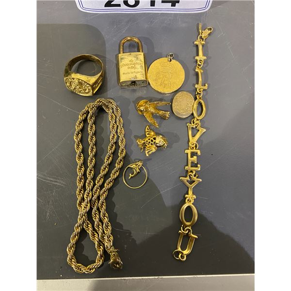 ASSORTED COSTUME JEWELRY (LOCK, NECKLACE, RING, PIN, PENDANT, ETC)