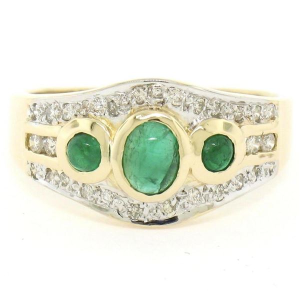 Petite 14K TT Gold 0.68 ctw 3 Cabochon Emerald & Diamond Accented Cocktail Ring