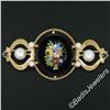Image 2 : Vintage 14kt Yellow Gold Black Onyx Floral Mosaic Sapphire and Pearl Brooch Pin