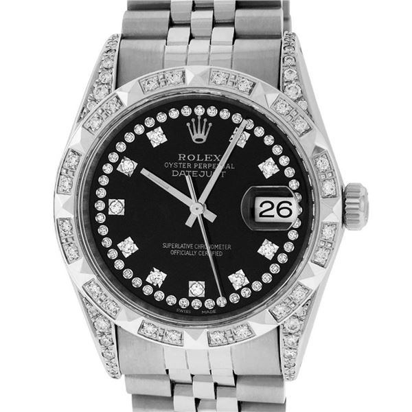 Rolex Mens Stainless Steel Black Diamond Lugs & Pyramid Bezel Datejust Wristwatc