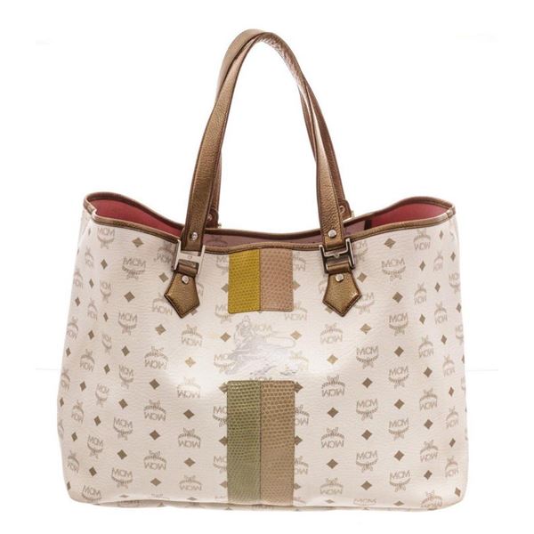 MCM White Large Lion Shopper Tote Bag