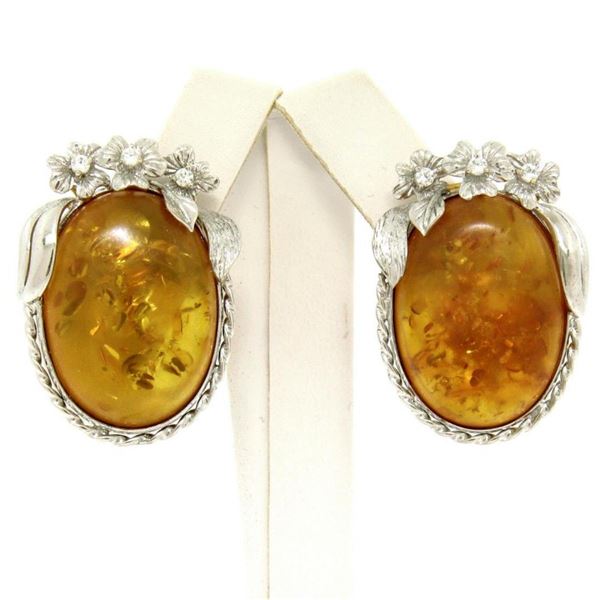 Vintage 18k White Gold Large Oval Amber Diamond Omega Earrings w/ Flower Etching