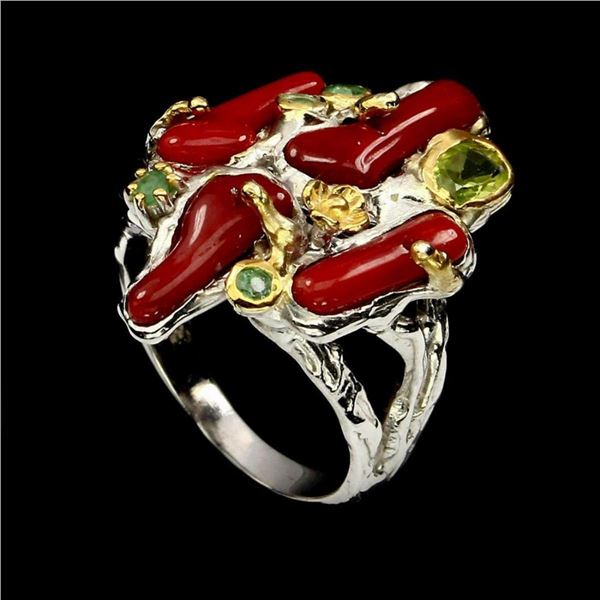 Natural Hand Made 12x5mm Red Coral Emerald Peridot Ring