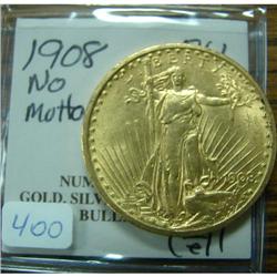 1908 No Motto $20.00 Saint Gaudens BU