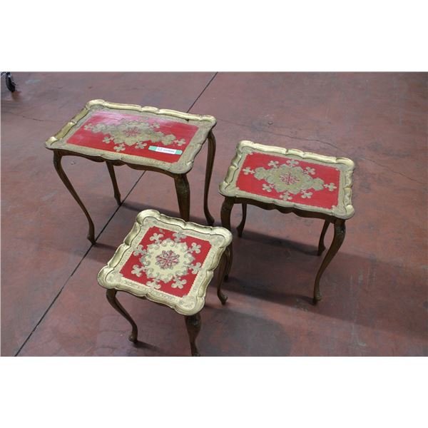 Set of Three Gold and Red Nesting Tables