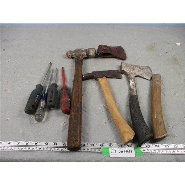 2 Hatchets, Hammer, Handle, Screwdrivers