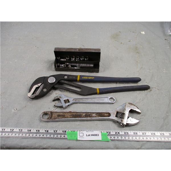 2 Crescent Wrenches 8, 12  Plus Small Sockets, Large Vise Grip